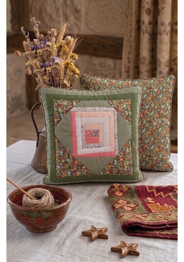 Poplin Pamuklu Kırkyama Patchwork Dekoratif Kırlent Kılıfı 45x45 Cm Yeşil