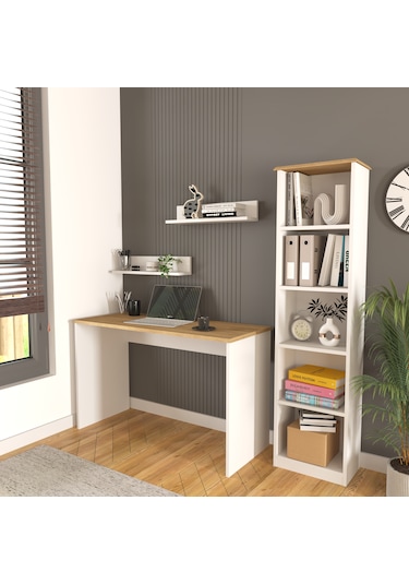 Olven Raflı Çalışma Masası Ve Kitaplık Seti , Beyaz - Meşe