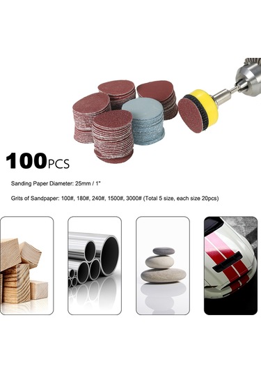 100 Adet 25mm 1" Zımpara Disk Zımpara Diski 100-3000 Kum Kağıdı İle 1 İnç Aşındırıcı Parlatma Ped Plakası + 1/8" Şaft Döner Alet
