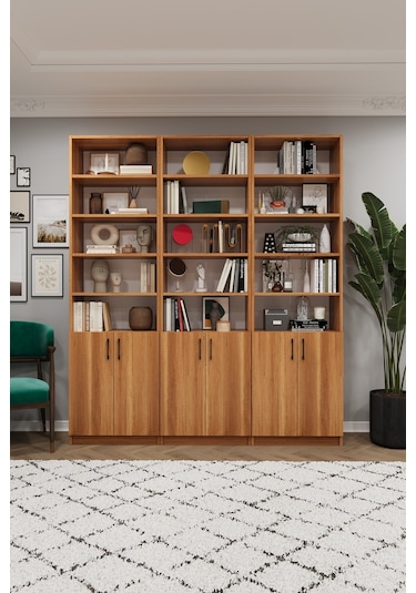 Asra Trend K-54 %100 MDF 180 cm 3 Modüllü Kapaklı Kitaplık Raflı Kütüphane Petra
