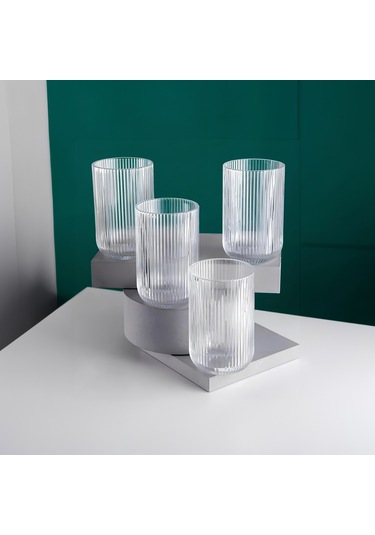 Zarif Yüksek Ayaklı Çizgili 4'lü Cam Bardak Seti - Kahve Yanı Bardak 160 Ml