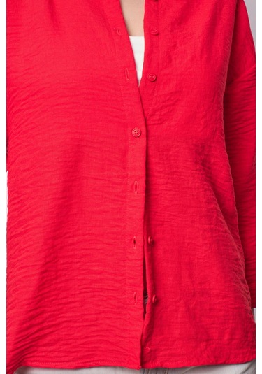 Kadın Keten Düşük Omuzlu Yakalı Kapri Kol Apoletli Gömlek -Koyu Mercan K.Mercan