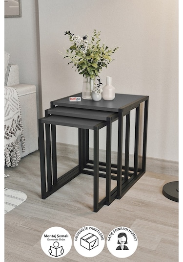 Bofigo 3'lü Metal Zigon Sehpa Zigon Sehpa Orta Sehpa Yan Sehpa Antrasit