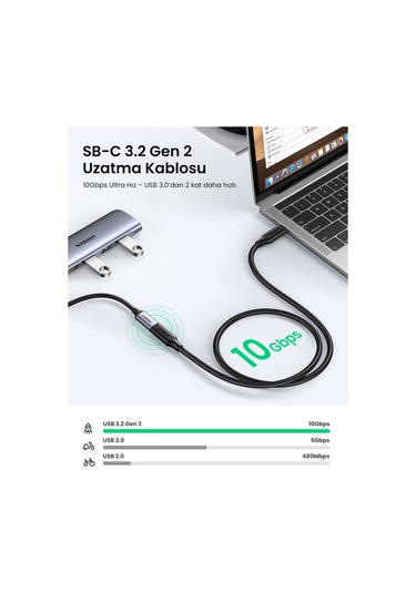 Ugreen Type-c Erkek To Type-c Dişi Uzatma Kablosu 1 Metre, 10387