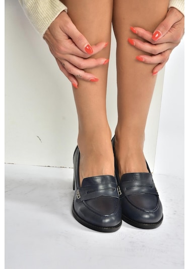 Fox Shoes V468707503 Lacivert Hakiki Deri Kalın Topuklu Kadın Ayakkabı Lacivert