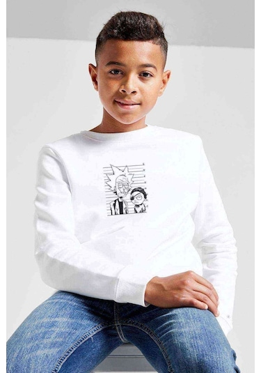 Rick Ve Morty Kroki Tişört Rick Baskılı Unisex Çocuk Beyaz Sweat Beyaz