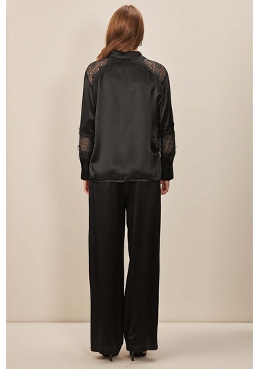 Gömlek Yaka Siyah Saten Gömlek Siyah