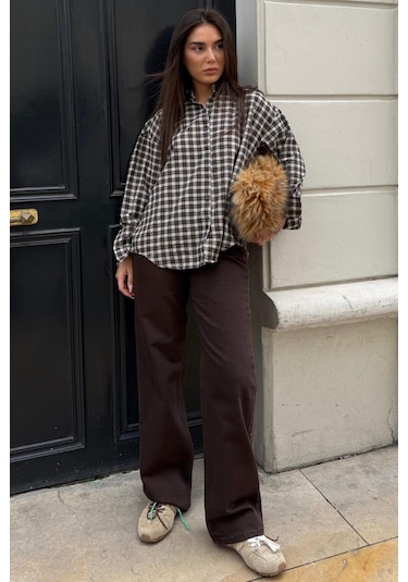 Madmext Camel Oversize Kareli Kadın Gömlek Mg2822
