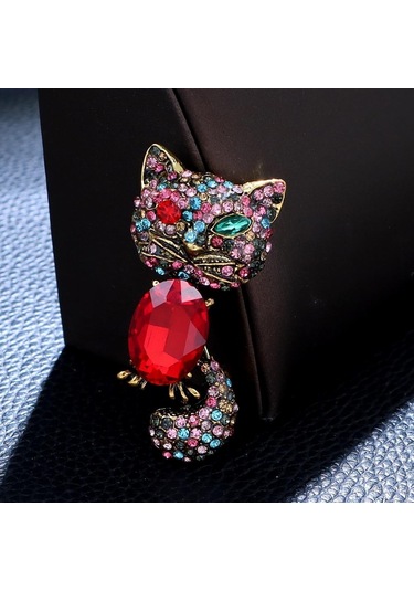 Blucome Rhinestone Ve Kristal Göz Kırpan Kedi Broş Vintage Hayvan Pin Mevcut Kış Moda Takı Yeni Yıl 2023 Kırmızı