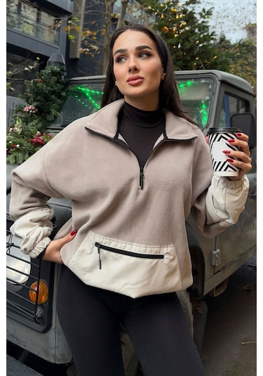 Tommy Life Koyu Bej Etek Ucu Büzgülü Yarım Fermuarlı Oversize Kadın Polar Sweatshirt - 97238 Koyu Bej