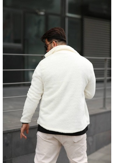 Sr Tekstil Pelüş Ceket Unisex Normal Kalıp Cep Detaylı Beyaz