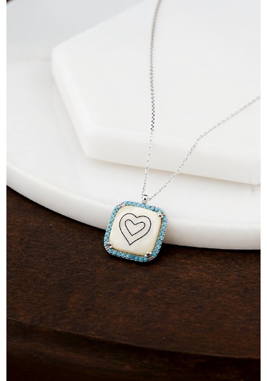 Firuze Taşlı Kalp Motifli Gümüş Bayan Sedef Kolye