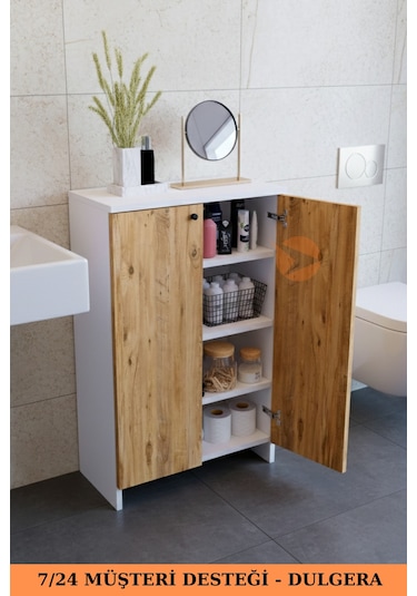 2 Kapaklı 4 Raflı Dolap Çok Amaçlı Dolap Banyo Dolabı Banyo Rafı Çam