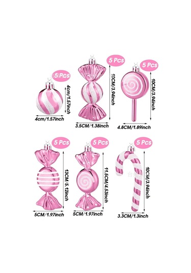 Geeksen 30 Parça Plastik Noel Şeker Süs Seti Pembe-beyaz: Nane Şekeri, Asa Şekeri, Çubuk Şeker Figürleri