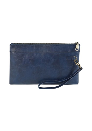 Shidai888 Retro Deri Debriyaj Fermuarlı Zarf Çanta Koyu Mavi