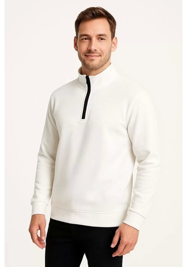 Erkek Dik Yaka Sweatshirt Dik Yaka Yarım Fermuarlı 3 İplik Şardonlu Pamuk Kumaş - Beyaz Beyaz