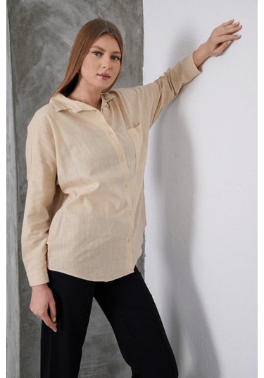 Paw Garage Kadın London Keten Tek Cepli Oversize Gömlek, Premium Kalite Keten Gömlek Taş