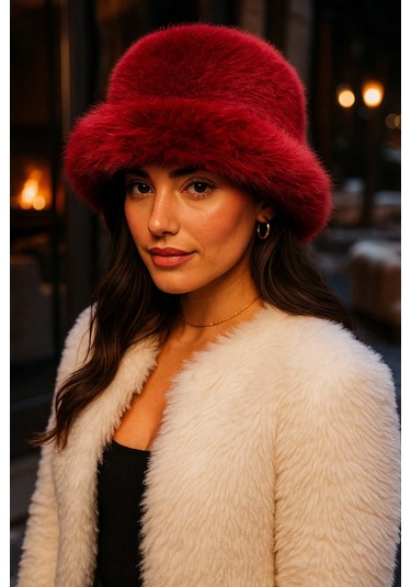 Kadın Peluş Bucket Kalpak Şapka 1143 Rkş-14 Bordo Bordo