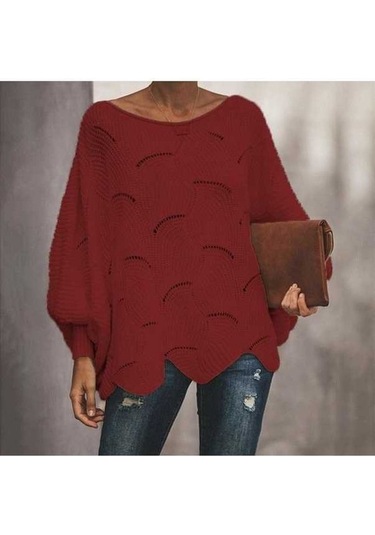 Tongxida Kadın Modası Rahat Uzun Kollu O Yaka Bol Kazaklar Bordo, Büyük Beden, Sonbahar Kış Bordo