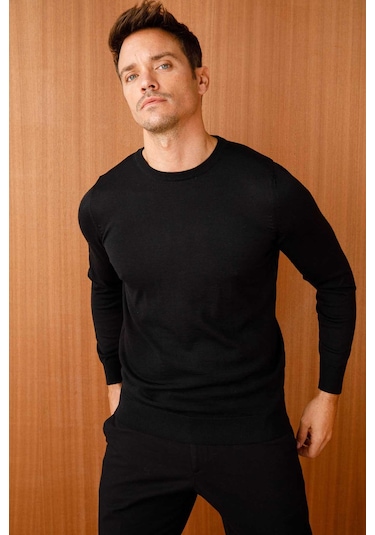 Desen Triko Erkek Basic Sıfır Yaka İnce Triko Kazak 02421603 Siyah Siyah