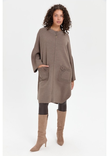 Kadın Dik Yaka Cebi Gül İşlemeli Fermuarlı Panço Vizon Vizon