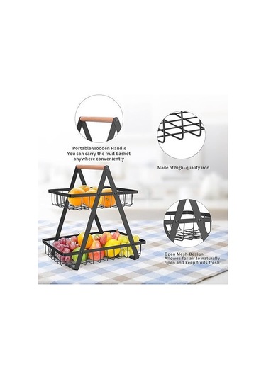 Geeroyoo Karbon Çelik Mutfak Ve Salon Depolama Sepeti, Ahşap Kollü İki Katlı, Meyve, Ekmek Ve Atıştırmalık Taşıma İçin Dayanıklı Tasarım Fruit Basket Çift Siyah