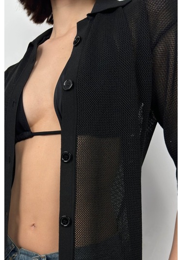 Munn Collection Polo Yaka Fileli Bluz Siyah