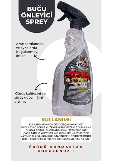 Trax Araba Oto Cam Buğu Önleyici Engelleyici Sprey 500 ML