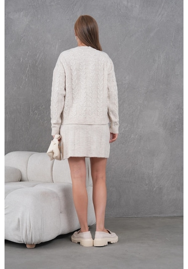 Kadın Bisiklet Yaka Saç Örgü Kazak Etek İkili Triko Takım Taş