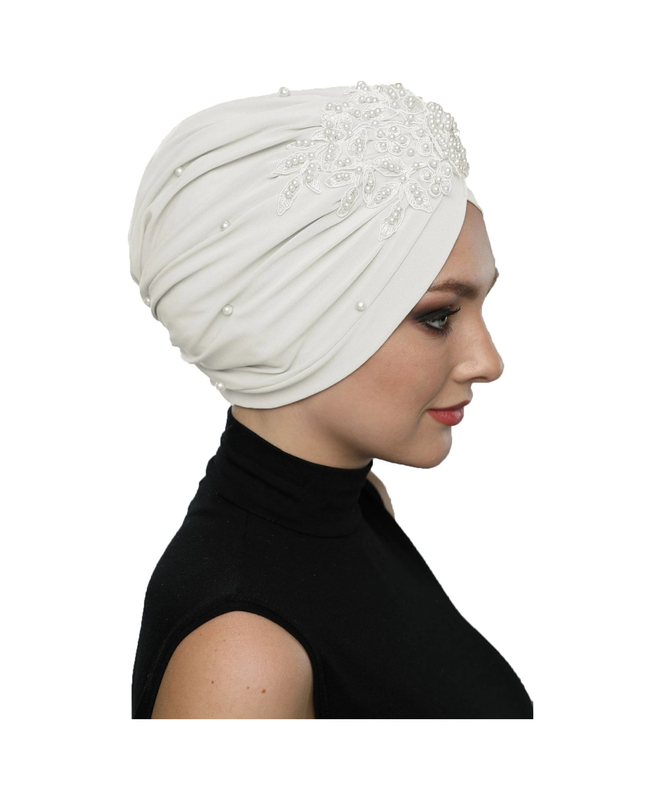 Kopma Astarlı Işlemeli Krem Gül Motifli Hazır Türban Tesettür Abiye Bone Krem Gül