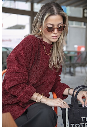 Lela Regular Fit Dik Yaka Yumuşak Dokulu Triko Bayan Kazak 4616222 Bordo