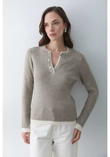 Açık Vizon 2 Patlı Düğmeli Kazak - 251023 Açık Vizon