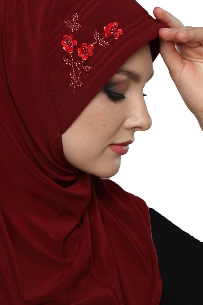 Takmatik Taşlı El Işi Boncuk Işlemeli Bordo Hazır Türban Tesettür Bone Namaz Örtüsü Bordo