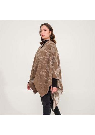 Kaz Ayağı Desen Çift Taraflı Triko Kadın Şal Panço-Kahverengi-140X140 Kahverengi