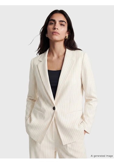 Lc Waikiki Bej Çizgili Keten Karışımlı Kadın Blazer Ceket