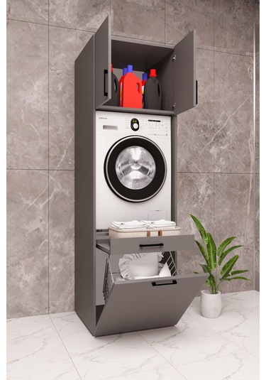 Mdf Çamaşır Makinesi Dolabı Sepetli Antrasit