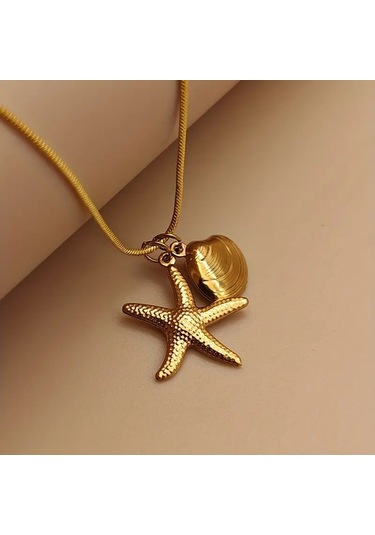Mumicemum Deniz Yıldızı Ve İstiridye Detaylı Çelik Kolye 18k Altın Kaplama Altın