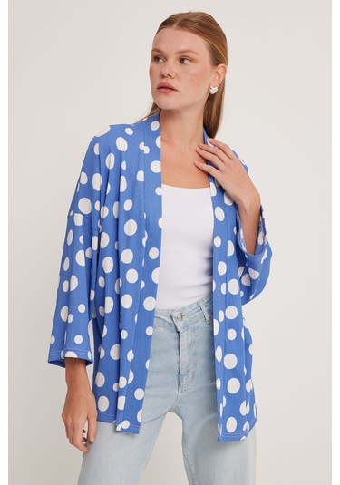 Bigdart Kadın Mavi Beyaz Puantiyeli Örme Kimono 5862 001