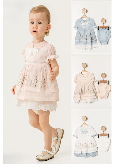 Kız Bebek Pudra Çiçek İşlemeli Fistolu Elbise Kilotlu Takım-1350 Pembe