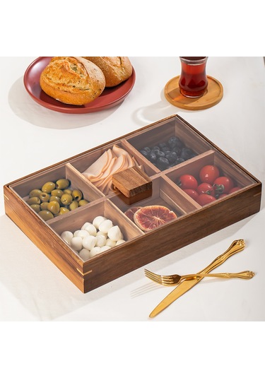 Porsima 76748 Akasya 6 Bölmeli Kapaklı Ahşap Bambu Çerezlik Sunumluk Saklama Kabı Ahşap