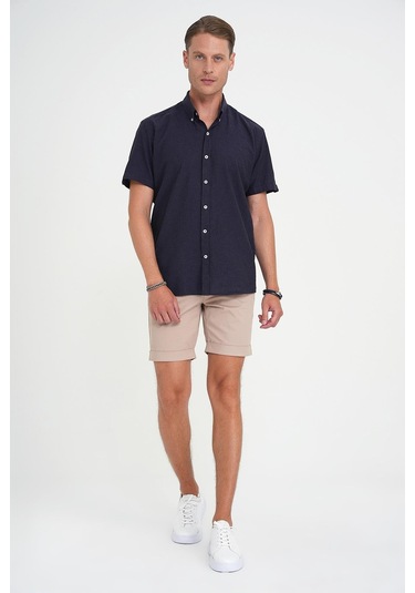 Comfort Fit Düğme Yaka Kısa Kol %100 Keten Düz Lacivert Gömlek G 1596 Lacivert