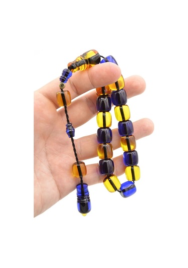 Enes Abdo İmzalı Fıçı Kesim Sarı Lacivert Sıkma Kehribar Efe Maskot Tesbih