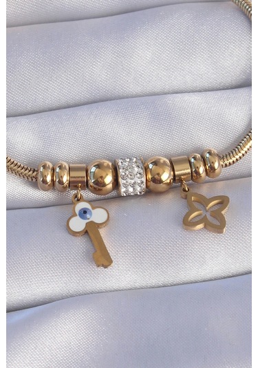 Dodes Dodes 316l Çelik Gold Renk Zirkon Taşlı Yonca Detay Nazarlı Anahtar Tasarımlı Bileklik Tg27bb6 Çok Renkli