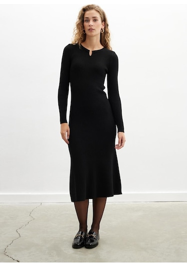 Styleboom X Peraluna Dorset Dress Toka Detaylı Ribana Örgü Midi Kadın Triko Elbise - Siyah-siyah Siyah