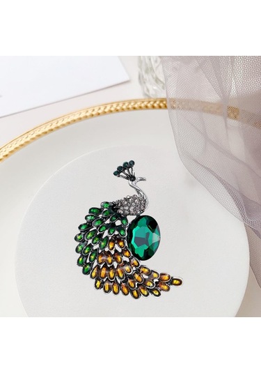 Suntek Kristal Tavuskuşu Broş Pins Kadınlar Için Hayvan Yeşil