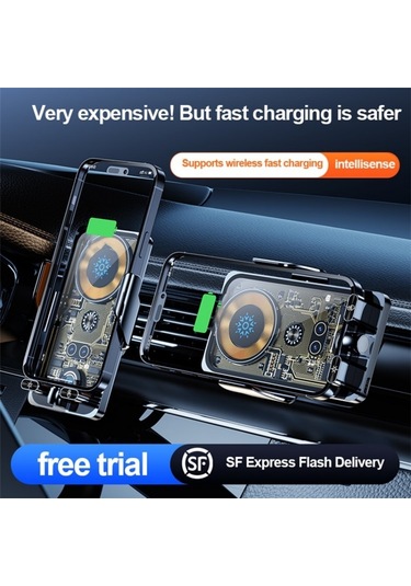 Kızılötesi Sensörlü Telefon Şarjı İle F18 Alüminyum Alaşımlı Braket Araba Kablosuz Şarj Cihazı Şeffaf Gümüş