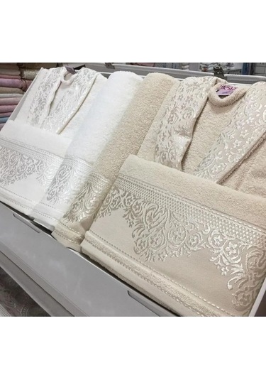 Fiesta Pamuklu Jakarlı Aile Bornoz Takımı - Bej - Ekru