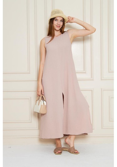 Kadın Sıfır Kol Aerobin Kumaş A Kesim Yırtmaçlı Maxi Yazlık Elbise 3760330 Pudra