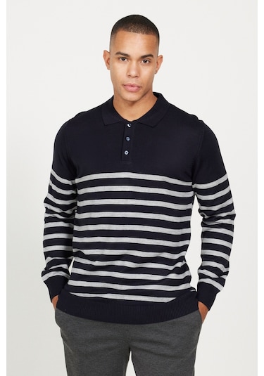 AC&Co / Altınyıldız Classics Erkek Lacı Grı Standart Fit Normal Kesim Polo Yaka Çizgili Triko Kazak Lacivert - Gri