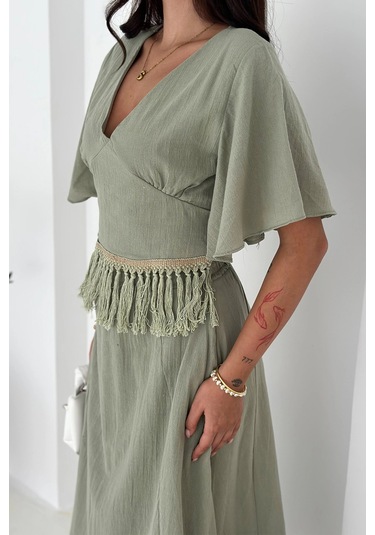 Püsküllü Bluz Etek Takım Haki Haki